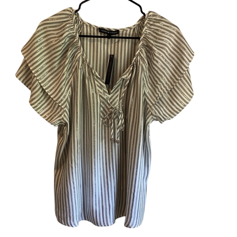 Adrienne Vittadini White Grey & Silver Striped Blouse BRAND NEW W/Tags